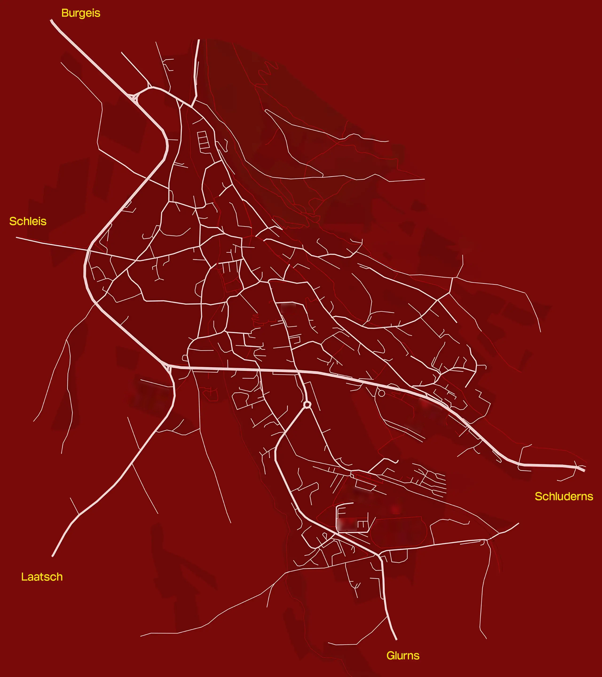 Stilisierte Karte von Mals mit Straßen und Wegen