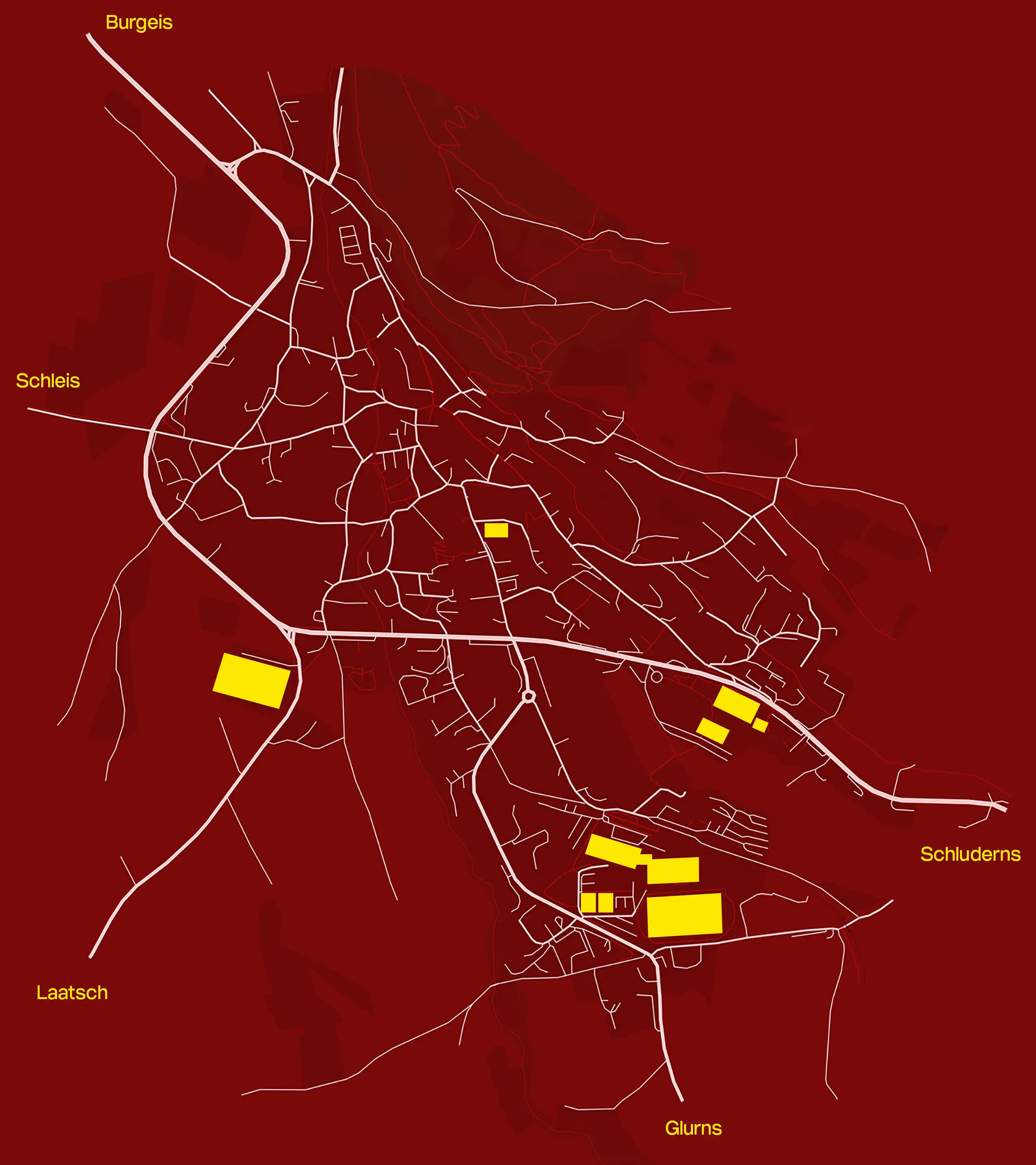 Stilisierte Karte von Mals mit Straßen und Wegen